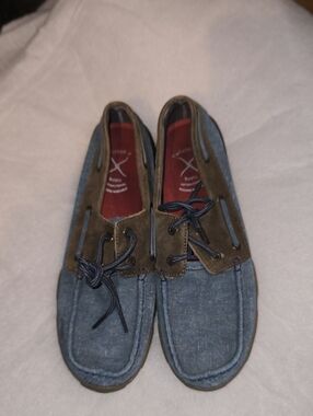 Twisted X Blue Denim and Olive Moccasin Boat Shoes